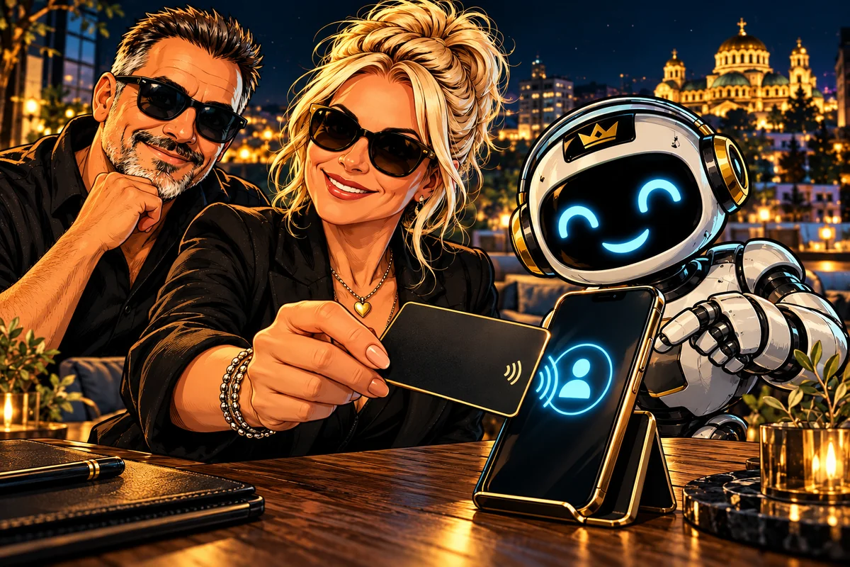 Sabine und Milo zeigen eine digitale NFC-Visitenkarte am Smartphone