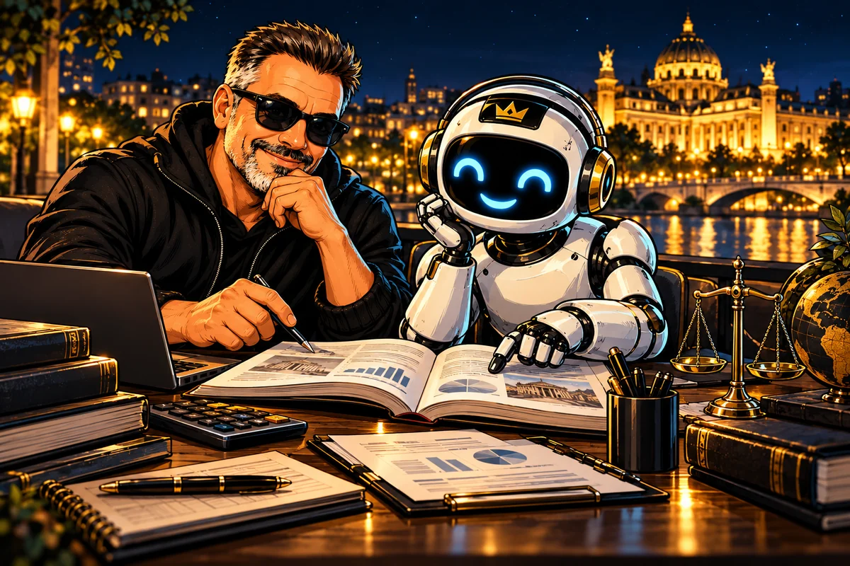 Franky und Milo erklären Wissen mit Büchern und geordneten Unterlagen