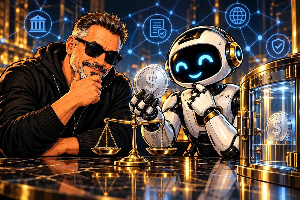 Franky und Milo erklären Dollar-Stablecoins und Regeln anhand von Token und Waage