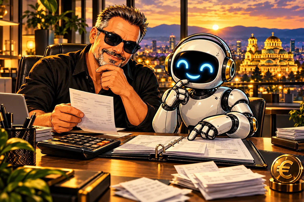 Franky und Milo erklären Steuerthemen mit Rechner und Unterlagen