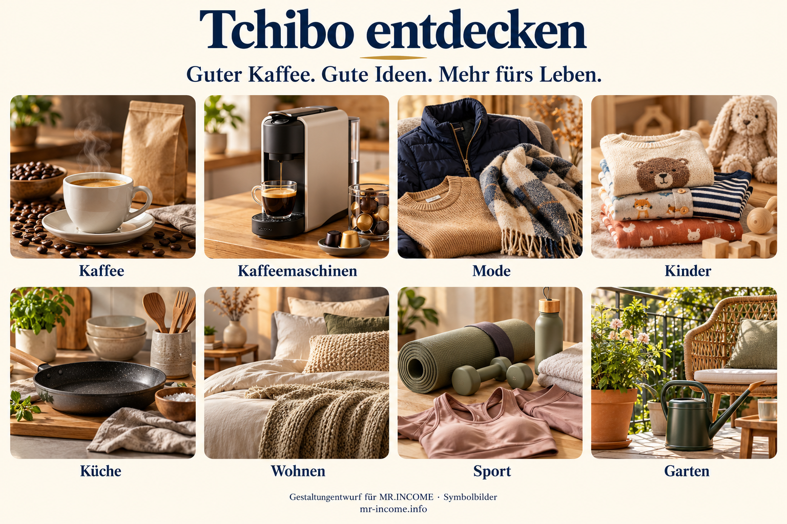 Tchibo-Sortimentscollage mit Symbolbildern zu Kaffee, Kaffeemaschinen, Mode, Kinder, Küche, Wohnen, Sport und Garten