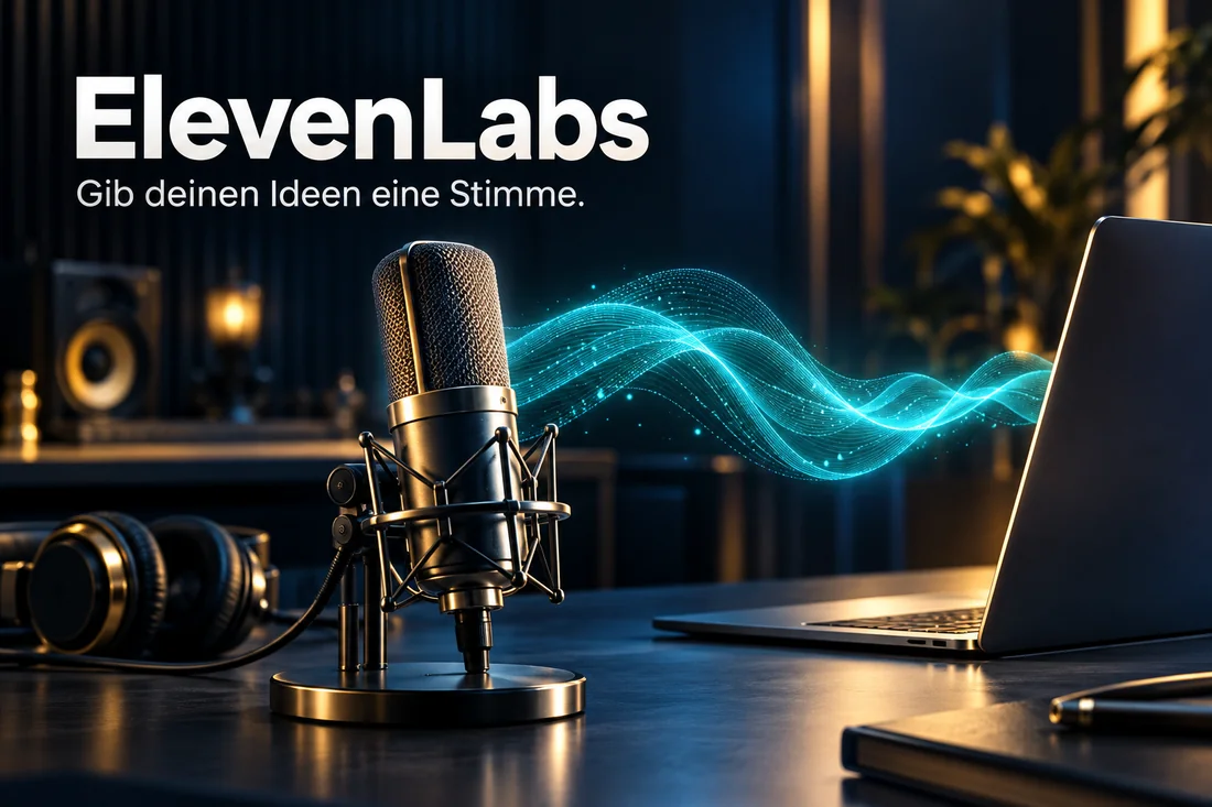 ElevenLabs – Gib deinen Ideen eine Stimme: Studiomikrofon und türkise Klangwelle