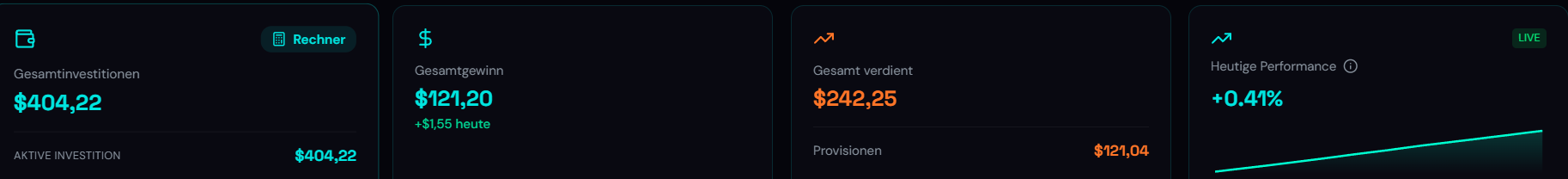 Dashboard vom 13.10.2026: Investitionen 404,22 USD, Gesamtgewinn 121,20 USD, Gesamt verdient 242,25 USD, Provisionen 121,04 USD