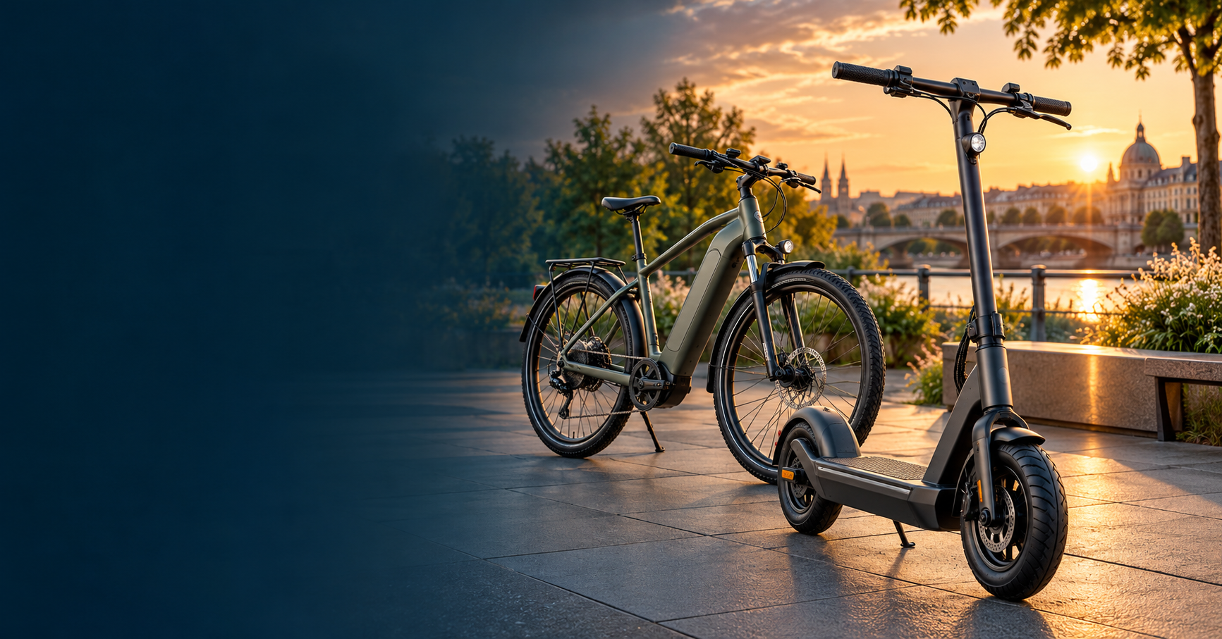 Elektrischer E-Scooter und E-Bike von isinwheel in urbaner Abendstimmung