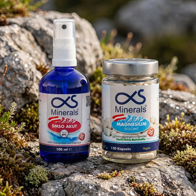 Vorteilskombi: Magnesium Austria 120St & DMSO AKUT Lösung 80% 100ml – AlphaS Minerals Produktbild